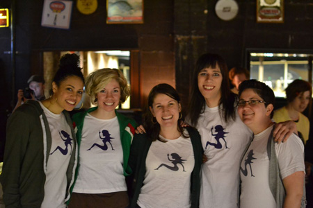 Lori, Maya, Vanessa, Jos and Miriam in Feministing tshirts at the Bowl-a-Thon