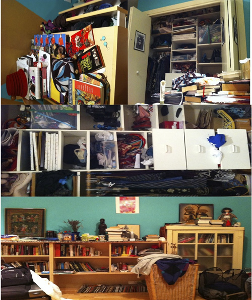 Three stacked photos of many objects in a room
