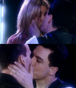 Captain Jack Harkness kisses Rose and The Doctor from Dr Who