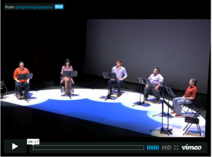 Screenshot from documentary trailer of the five cast members on stage