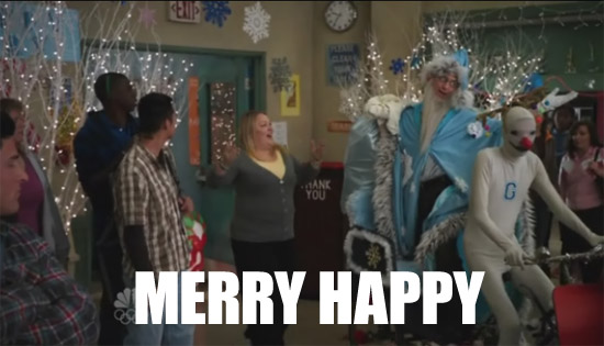 Dean Pelton as Mr. Winter from Community. Text reads Merry Happy