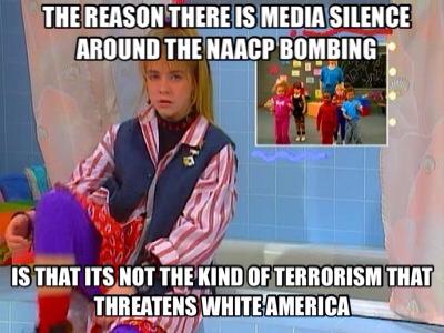 A photo of clarissa with the words "the reason there is media silence around the NAACP bombing is that it's not the kind of terrorism that threatens white America"