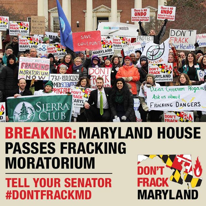 In this image, activists stand holding signs calling for a ban unfrocking. The text reads "Breaking: Maryland House Passes Fracking Moratorium."