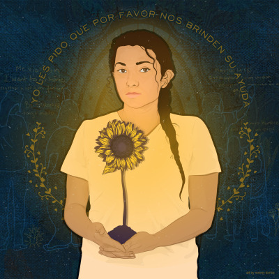 Image of a young girls holding a sunflower over her heart. She looks seriously at the viewer, with a halo made up of the words "Yo les pido que por favor now brinden su ayuda."
