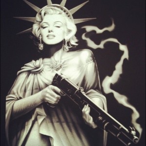 Marilyn Monroe as the Statue of Liberty with a smoking gun