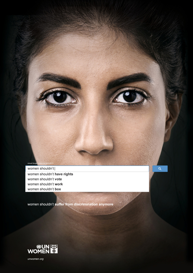 Ad showing woman's face with google search results saying, "women shouldn't...have rights...vote...work...box."
