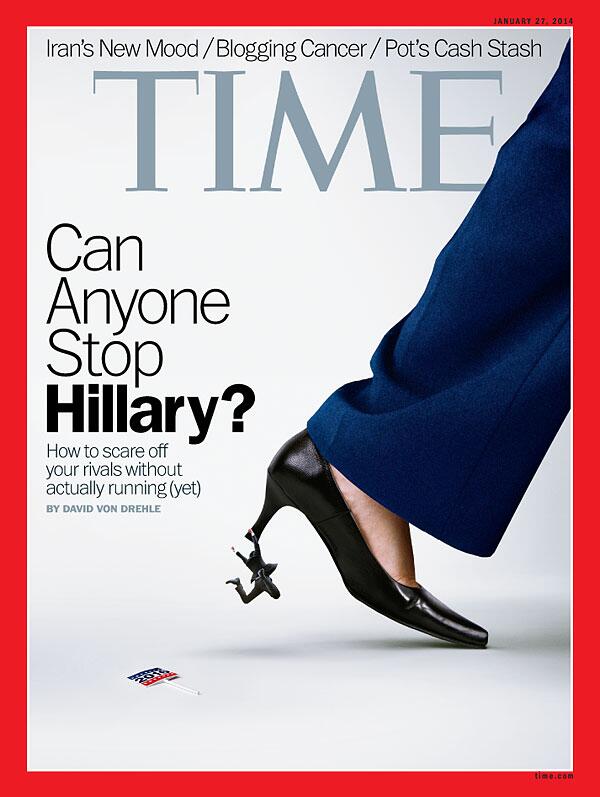 TIME magazine cover featuring a suit-clad person dangling from the heel of a pantsuit clad leg.