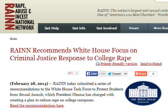 Screenshot of webpage: RAINN Recommends White House Focus on Criminal Justice Response to College Rape