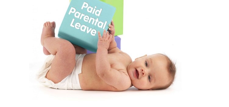 baby playing with block with text: "paid parental leave"