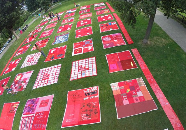 quilt squares on the lawn
