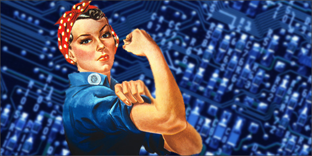 rosie the riveter in front of computer board
