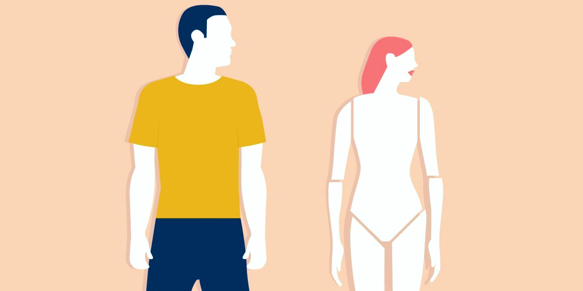 Image features a masculine presenting person wearing a yellow shirt and blue shorts standing next to a feminine presenting person meant to be a woman wearing no clothing with doll-like joints on her hips and elbows.