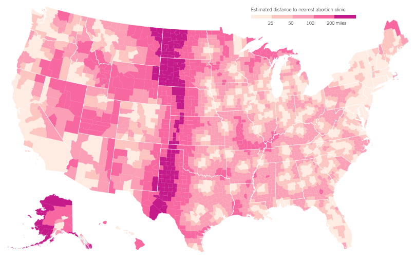 map of average distance to abortion clinic
