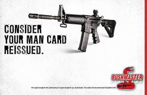 Image of a black gun propped up, with words "Consider your man card reissued."