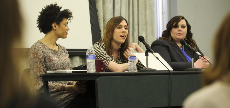 Lori, Jos, and a student panelist at a Feministing speaking event