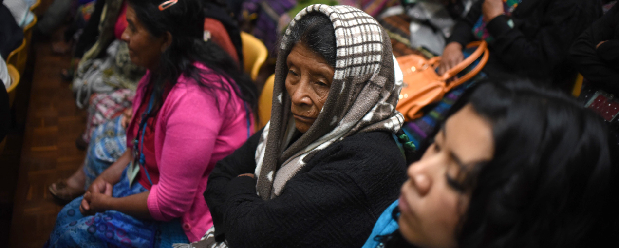Indigenous people attend the trial of two army officers accused of keeping 11 indigenous women as sex slaves during the country's bloody 36-year civil war, in Guatemala City on February 1, 2016. AFP PHOTO / Johan ORDONEZ / AFP / JOHAN ORDONEZ        (Photo credit should read JOHAN ORDONEZ/AFP/Getty Images)