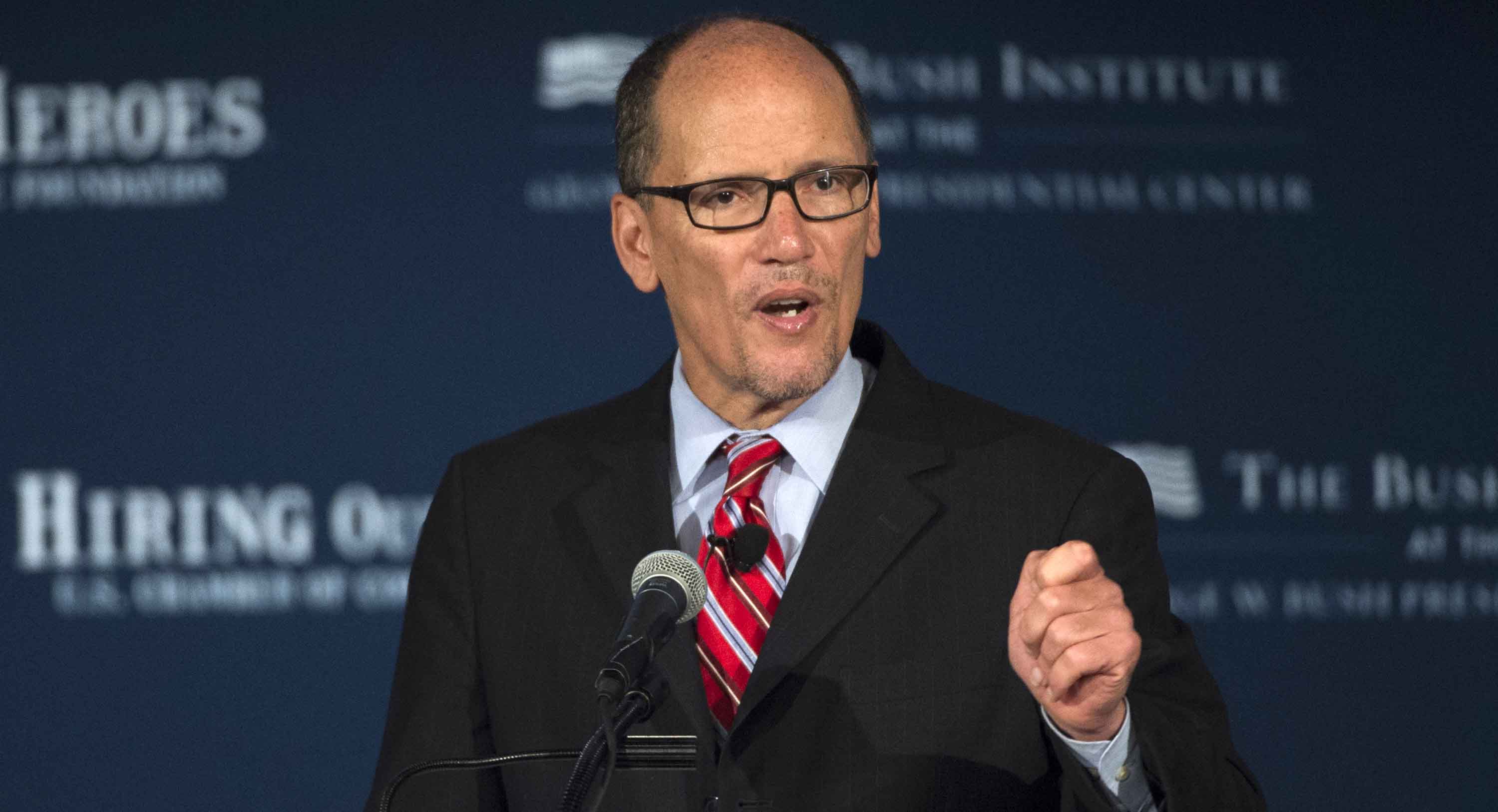 Labor Secretary Thomas Perez speaks at the U.S. Chamber of Commerce Foundation's Hiring Our Heroes program and the George W. Bush Institute's Military Service Initiative national summit, Wednesday, June 24, 2015, at the U.S. Chamber of Commerce in Washington. The summit  focuses on creating employment opportunities for post-9/11 veterans and military families.  (AP Photo/Molly Riley)