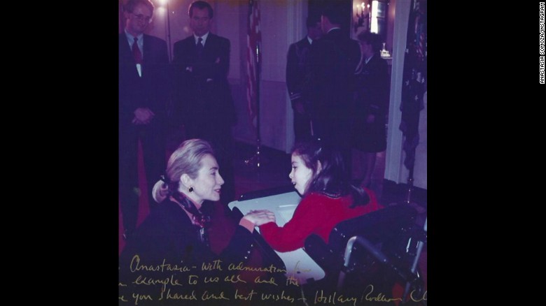 A vintage looking photo, Anastasia Somoza, disability rights advocate and human rights defender meets Hillary Clinton