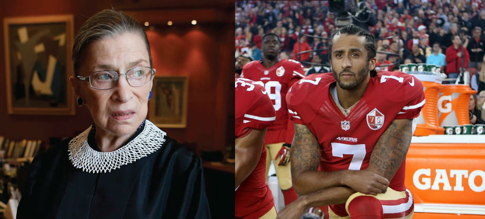 Juxtaposed images of Ruth Bader Ginsburg in judges robes, and Colin Kaepernick in his 49ers uniform, on one knee and protesting.
