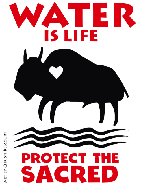 White background with black art and red text reading "Water is Life...Protect the Sacred"
