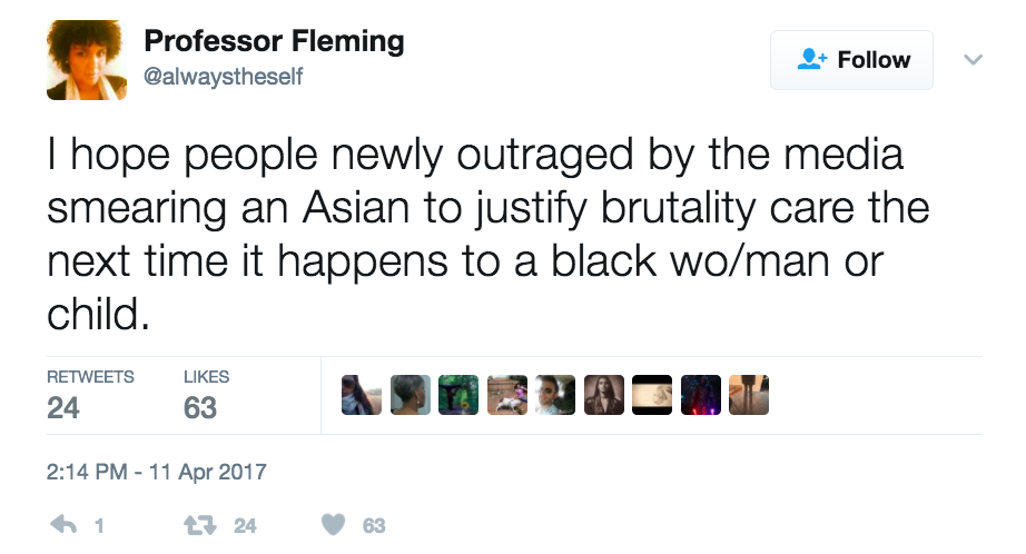 This is a tweet reflecting on the fact that folks who are newly outraged about the media treatment of the United Airlines brutality incident victim should also care when black and brown people experience the same treatment.