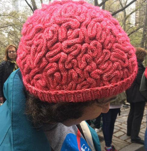 A pink brain hat on a woman marching for science.