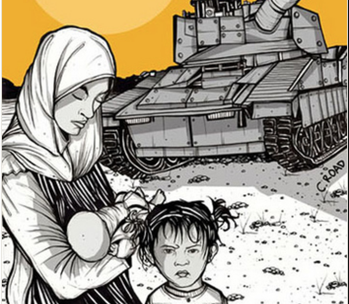 A women in a headscarf holds a child next to a military tank.