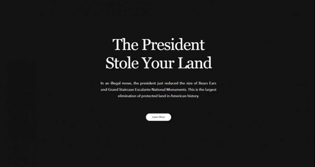 Screenshot of Patagonia's homepage that says "The President Stole Your Land" in response to the largest reduction of public lands protection in US history