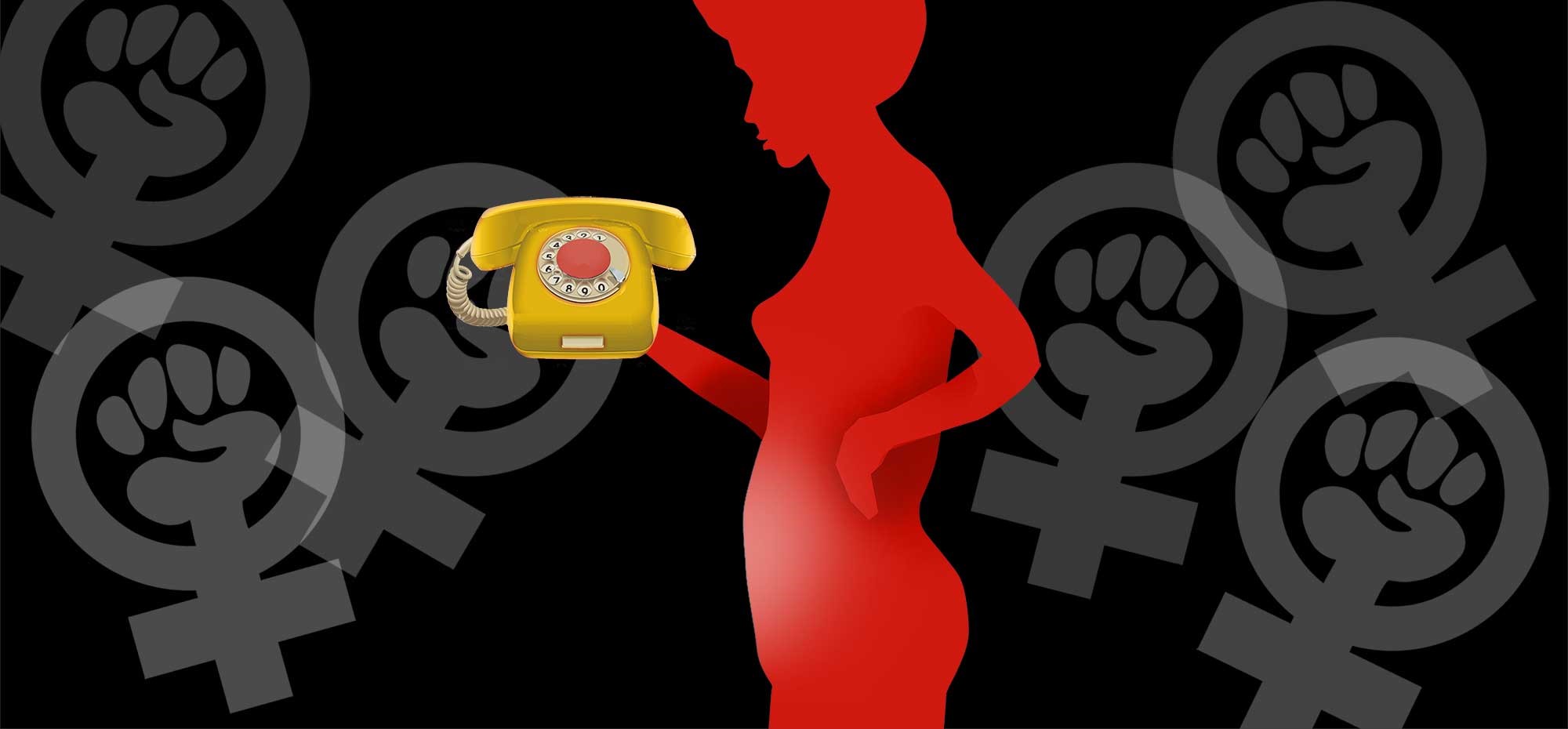 red silohette of women holding phone
